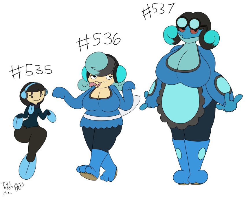 2019 amphibian anthro big_breasts breasts clothed clothing digital_media_(artwork) female hair headgear headphones headwear hi_res nintendo palpitoad pok&eacute;mon pok&eacute;mon_(species) seismitoad simple_background smile tadpole tmm4 tongue tongue_out tympole video_games white_background