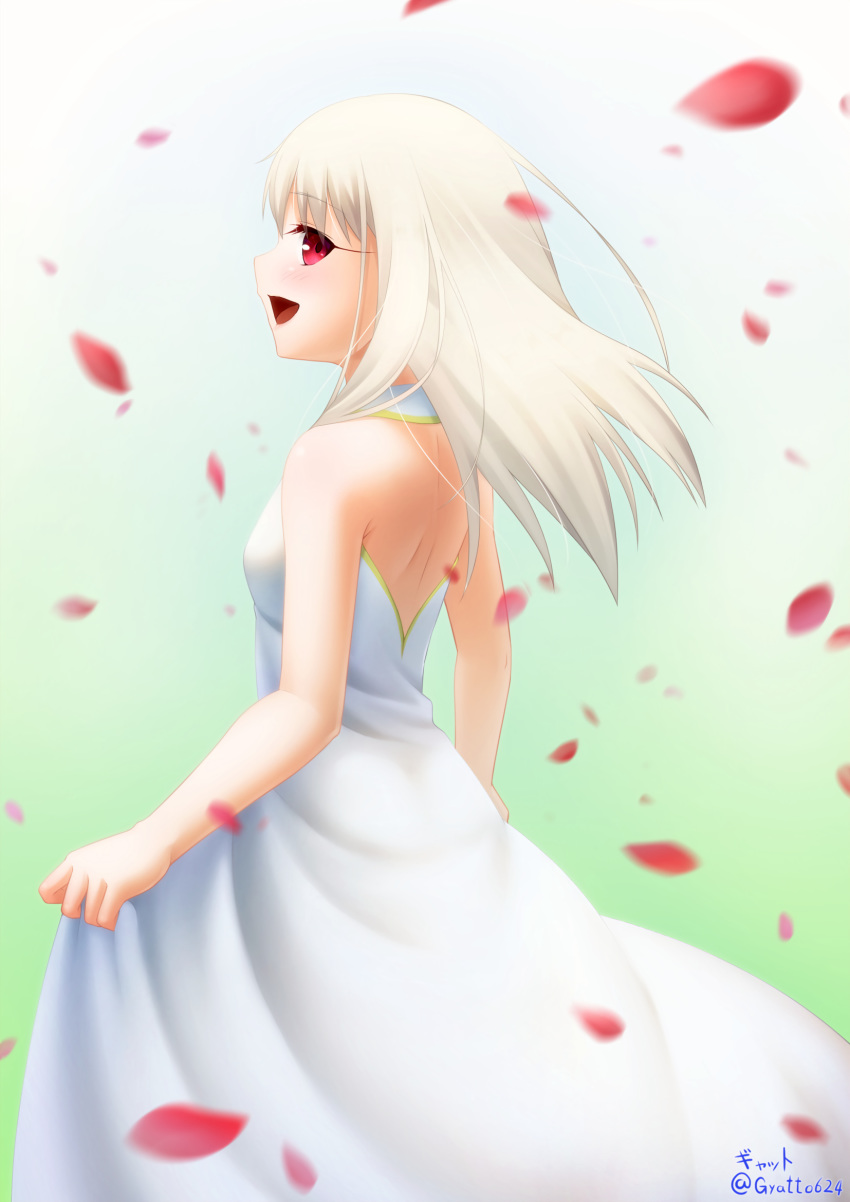 1girl :d backless_dress backless_outfit bangs blurry_foreground dress eyebrows_visible_through_hair fate/stay_night fate_(series) floating_hair from_side gradient gradient_background green_background gyatto624 hair_between_eyes highres illyasviel_von_einzbern long_dress long_hair open_mouth petals profile red_eyes shoulder_blades silver_hair sleeveless sleeveless_dress smile solo standing straight_hair twitter_username white_background white_dress