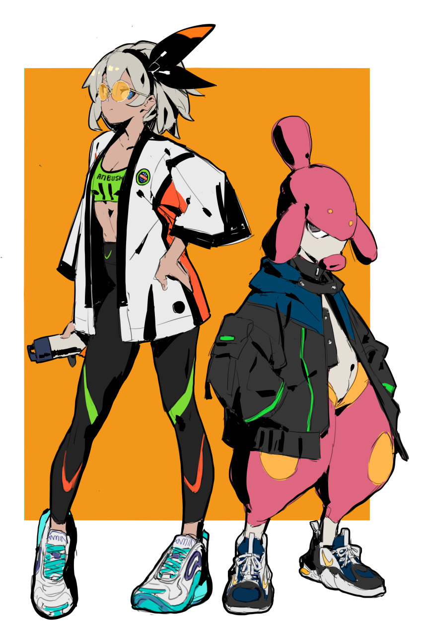 1girl 1other absurdres black_jacket blue_eyes bottle bra casual coat dark_skin full_body gloves green_bra grey_hair hands_in_pockets highres jacket makai medicham nike orange-tinted_eyewear overcoat pants pokemon pokemon_(creature) pokemon_(game) pokemon_swsh rimless_eyewear saitou_(pokemon) shoes short_hair single_glove sneakers spandex sports_bra sunglasses tight tight_pants underwear water_bottle white_jacket yoga_pants