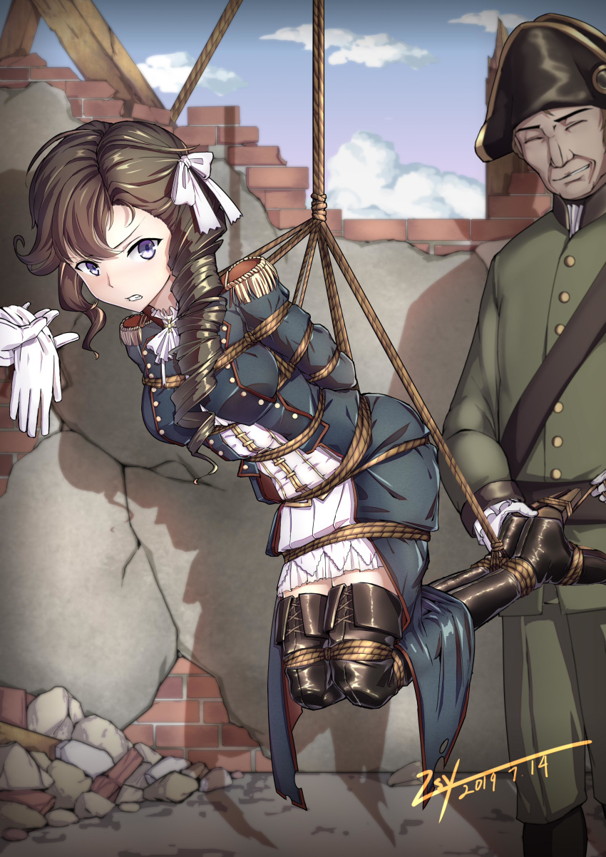 1boy 1girl absurdres arms_behind_back bdsm bicorne black_legwear blue_eyes blue_sky bondage boots bound bow brown_hair closed_eyes crack dated day drill_hair epaulettes gloves hair_bow hat highres long_hair military military_uniform outdoors pauline_bonaparte restrained rubble seijo_senki shadow sky standing thigh_boots thighhighs tied_up uniform wall white_bow white_gloves white_neckwear zsy_(zsy433)