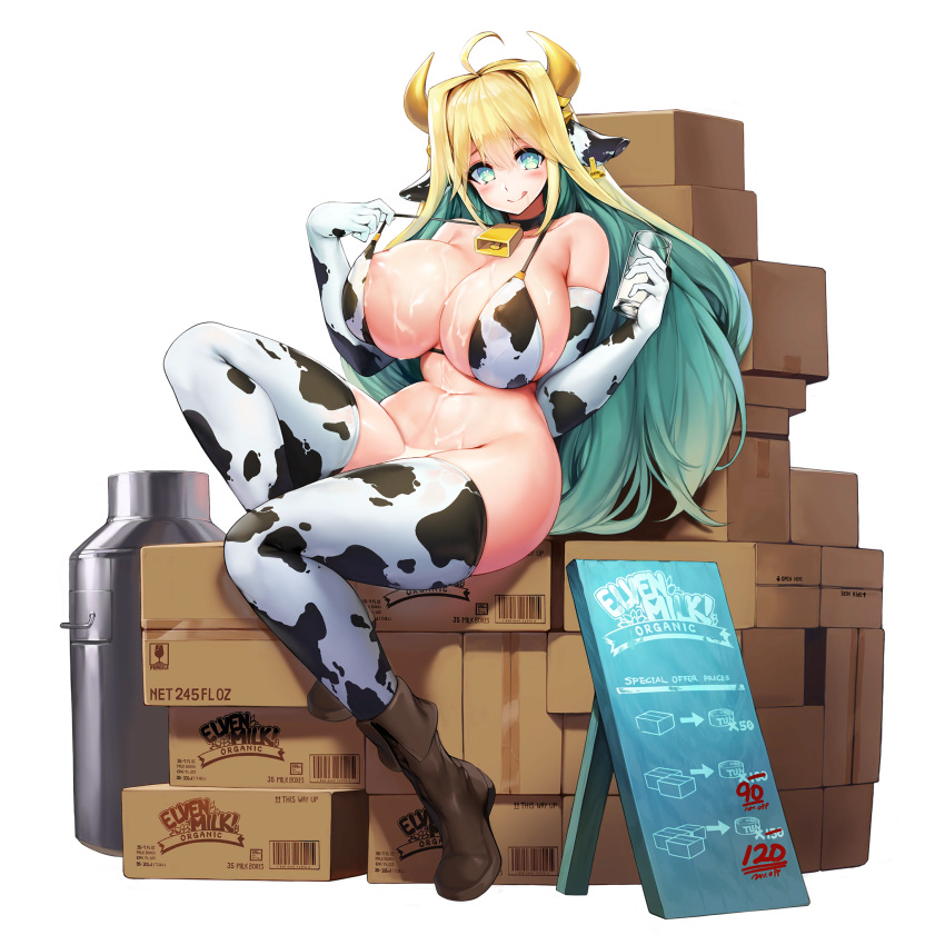 1girl ahoge animal_ears animal_print areola_slip areolae artist_request bell bell_choker bell_collar bikini blonde_hair blush boots box breasts cardboard_box choker cleavage collar cow_bell cow_ears cow_girl cow_horns cow_print curvy ear_tag elbow_gloves elf elven_forest_maker_(last_origin) full_body glass gloves green_hair hair_intakes highres horns huge_breasts last_origin licking_lips long_hair looking_at_viewer milk milk_churn multicolored_hair navel nipples official_art pointy_ears pulled_by_self sign sitting smile solo strap_pull suggestive_fluid swimsuit symbol-shaped_pupils thighhighs tongue tongue_out two-tone_hair wakamezake