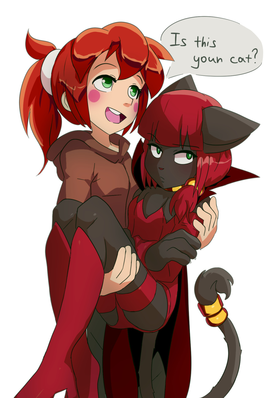 alpha_channel anthro black_fur blush blush_stickers boots cash_(linyuenj) clothed clothing dialogue domestic_cat duo ecaflip english_text felid feline felis footwear fur goshaag green_eyes hair hi_res human mammal neck_tuft open_mouth red_hair simple_background text transparent_background tuft video_games wakfu