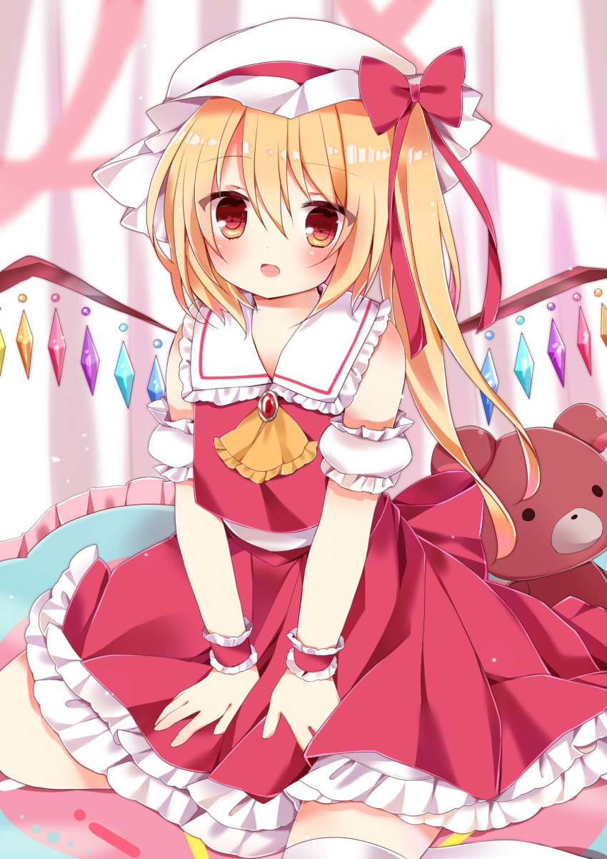 1girl :d ai_1003 ascot bangs between_legs blonde_hair blurry blurry_background blush bow brown_eyes commentary_request crystal depth_of_field detached_sleeves eyebrows_visible_through_hair fang flandre_scarlet frilled_sailor_collar frilled_skirt frills hair_between_eyes hand_between_legs hat highres long_hair looking_at_viewer mob_cap one_side_up open_mouth orange_neckwear puffy_short_sleeves puffy_sleeves red_bow red_skirt red_vest sailor_collar shirt short_sleeves sidelocks skirt sleeveless sleeveless_shirt smile solo stuffed_animal stuffed_toy teddy_bear thighhighs touhou vest white_headwear white_legwear white_sailor_collar white_shirt white_sleeves wings wrist_cuffs