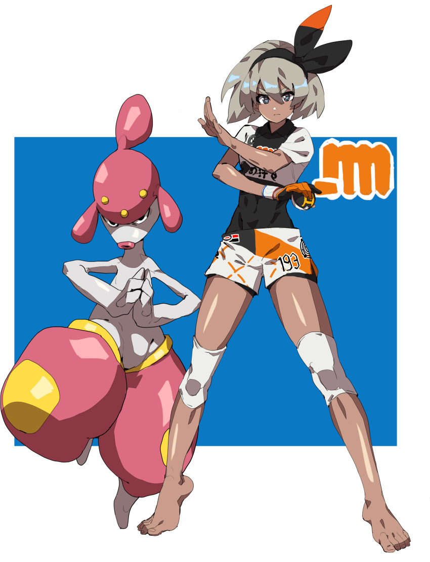 1girl 1other absurdres black_hair blue_eyes bodysuit_under_clothes dark_skin fighting_stance full_body gloves grey_hair hair_between_eyes highres holding holding_poke_ball knee_pads makai medicham poke_ball pokemon pokemon_(creature) pokemon_(game) pokemon_swsh saitou_(pokemon) shirt short_hair short_sleeves shorts simple_background single_glove standing thick_eyebrows toes toned white_shirt wristband