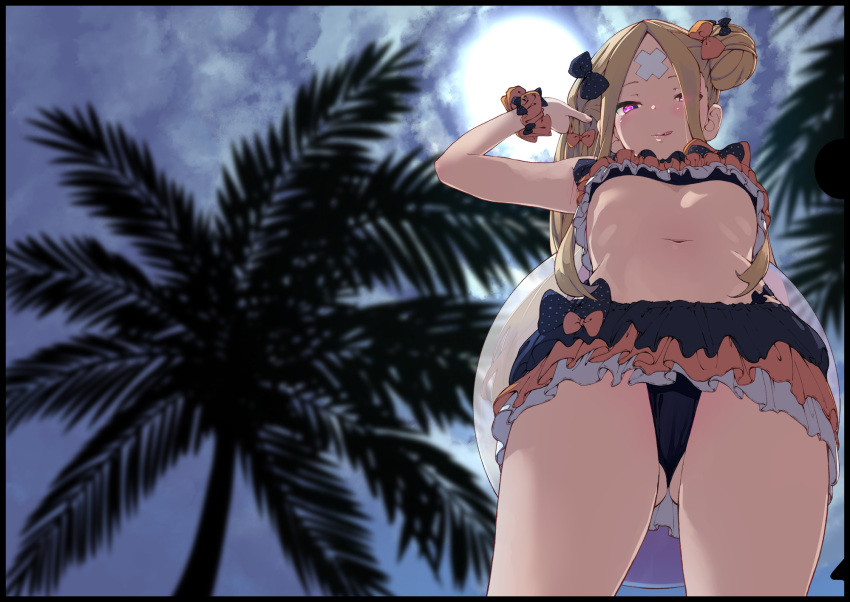 1girl abigail_williams_(fate/grand_order) ass_visible_through_thighs bandaid_on_forehead bangs bare_shoulders bikini black_bikini black_bow blonde_hair blue_sky blush bow breasts crossed_bandaids emerald_float fate/grand_order fate_(series) forehead frilled_bikini frills from_below hair_bow hair_bun hair_half_undone highres iwasaki_takashi licking_lips long_hair looking_at_viewer looking_down navel orange_bow palm_tree parted_bangs purple_eyes sky small_breasts smile solo sunlight swimsuit thighs tongue tongue_out tree underboob