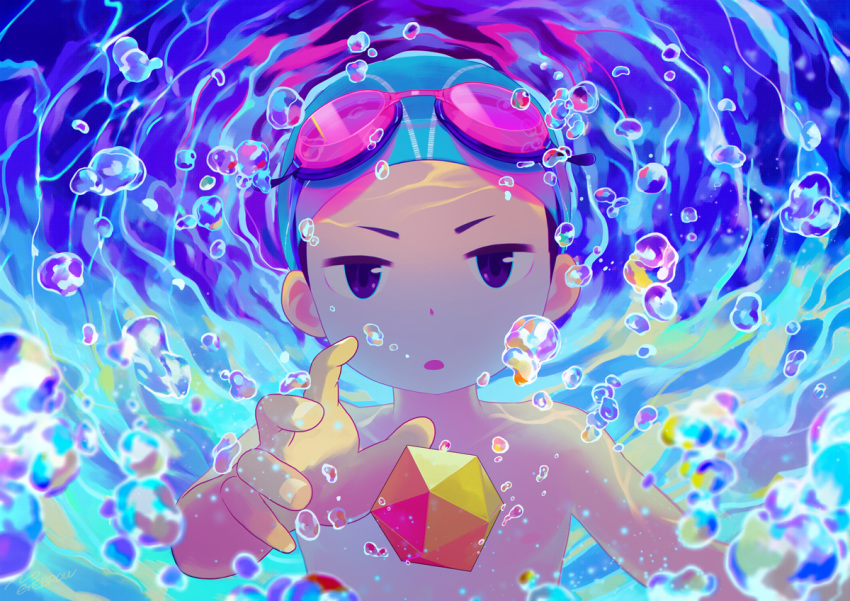 1boy air_bubble blue_eyes bubble caustics child commentary_request goggles goggles_on_head icosahedron male_focus noeyebrow_(mauve) open_mouth original outstretched_arm reaching signature solo swim_cap underwater upper_body