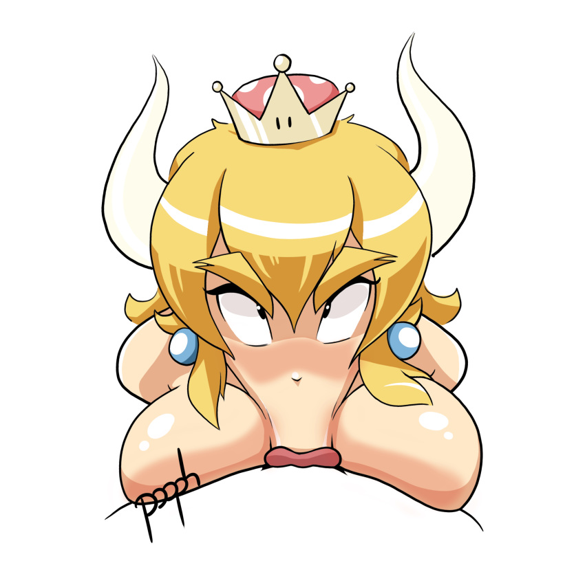 blonde_eyebrows blonde_hair blowjob_face bowsette_meme breasts crown duo ear_piercing eyebrows faceless_male fellatio female hair hi_res horn humanoid lips male male/female mario_bros nintendo not_furry nude oral penile piercing pooph sex signature simple_background solo_focus super_crown video_games white_background