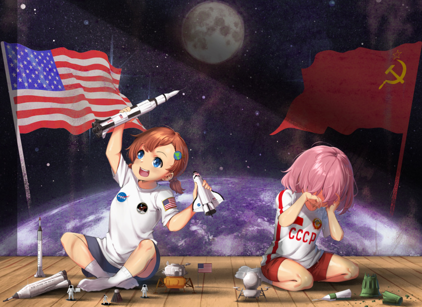 2girls :d american_flag astronaut bangs blue_eyes blue_shorts brown_hair commentary crying earth english_commentary full_moon hair_ornament highres lulu-chan92 medium_hair moon multiple_girls nasa on_floor open_mouth original personification pink_hair planet red_shorts rocket shirt short_hair shorts smile socks soviet soviet_flag space space_craft space_shuttle spacesuit t-shirt tears wooden_floor