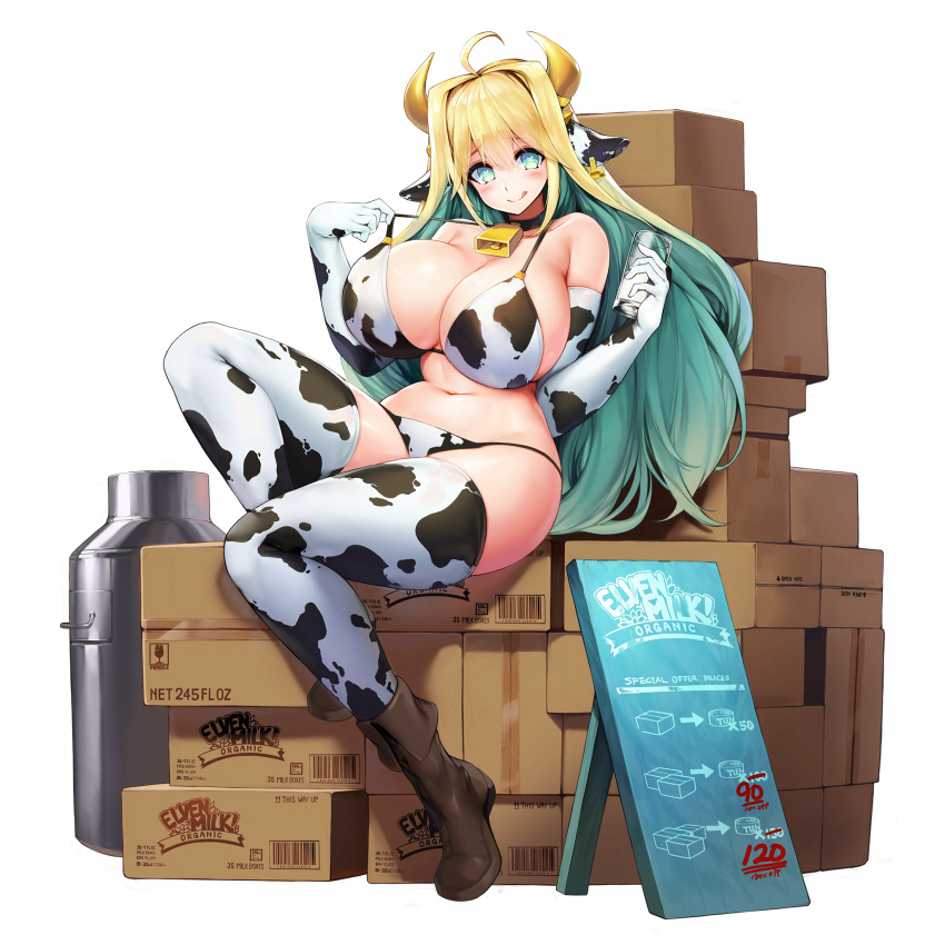 1girl ahoge animal_ears animal_print artist_request bell bell_choker bell_collar bikini blonde_hair blush boots box breasts cardboard_box choker cleavage collar cow_bell cow_ears cow_girl cow_horns cow_print curvy ear_tag elbow_gloves elf elven_forest_maker_(last_origin) full_body glass gloves green_hair hair_intakes highres horns huge_breasts last_origin licking_lips long_hair looking_at_viewer milk milk_churn multicolored_hair navel nipples official_art pointy_ears sign sitting smile solo swimsuit symbol-shaped_pupils thighhighs tongue tongue_out two-tone_hair