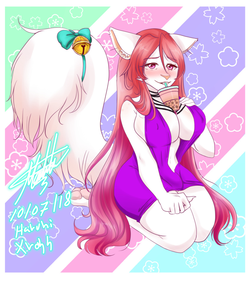 2019 absurd_res artemis_tsukino big_breasts blush bow_tie breasts bulge challenge cleavage clothed clothing domestic_cat dress ears_down embarrassed felid feline felis fluffy fluffy_tail fur gynomorph hair hand_on_breast hands-free_bubble_tea haruhixros hi_res inner_ear_fluff intersex kneeling long_hair long_tail looking_at_viewer mammal meme nipple_outline open_mouth pink_eyes pink_hair pink_nose pivoted_ears rattle slightly_chubby white_fur