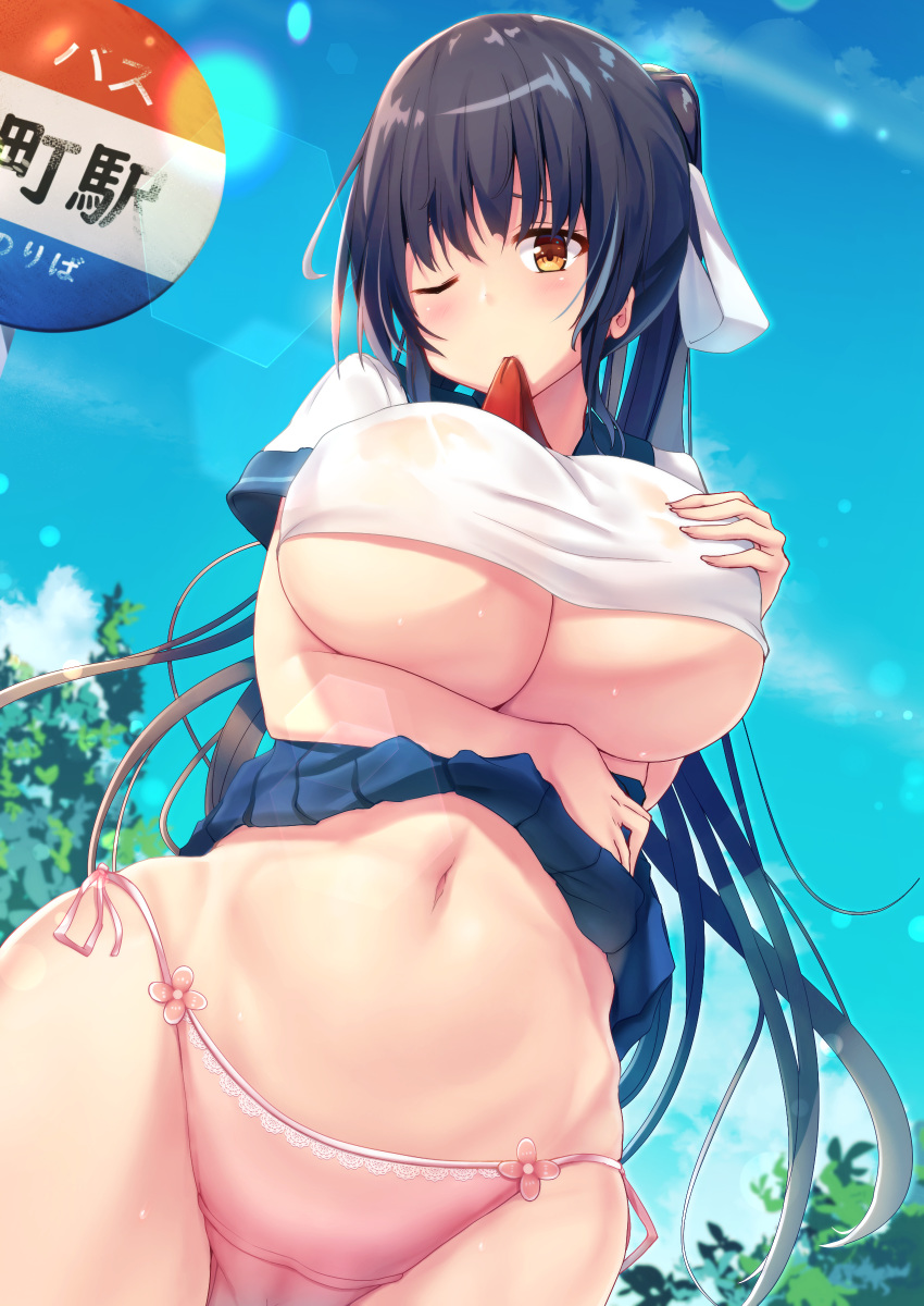 absurdres arm_under_breasts black_hair blue_skirt blue_sky blush breasts brown_eyes cloud commentary_request day hair_ribbon highres large_breasts liya navel necktie necktie_in_mouth one_eye_closed original outdoors panties pink_panties pleated_skirt ponytail ribbon shirt shirt_lift short_sleeves skirt skirt_lift sky stomach sweat underwear white_ribbon white_shirt