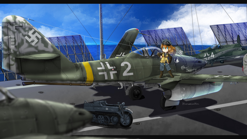 1girl aircraft airplane blue_eyes blue_sky brown_hair cloud commentary_request day fairy_(kantai_collection) flight_deck ground_vehicle half-track harumiya_hiro hat highres jet kantai_collection kettenkrad long_hair luftwaffe me_262 military outdoors peaked_cap sky solo standing swastika world_war_ii