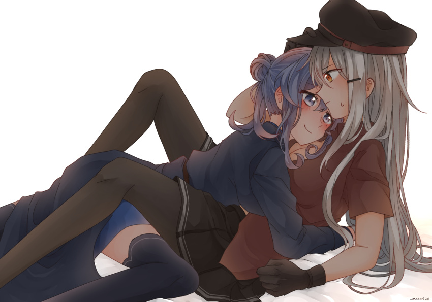 2girls absurdres amot_211 artist_request black_footwear black_gloves black_legwear black_skirt blue_eyes blue_hair blush eyebrows_visible_through_hair gangut_(kantai_collection) gloves gotland_(kantai_collection) grey_hair hair_between_eyes hair_bun hat highres kantai_collection long_hair long_sleeves looking_at_viewer military military_uniform mole mole_under_eye multiple_girls orange_eyes pantyhose peaked_cap red_shirt shirt silver_hair simple_background skirt smile uniform white_background white_gloves yuri