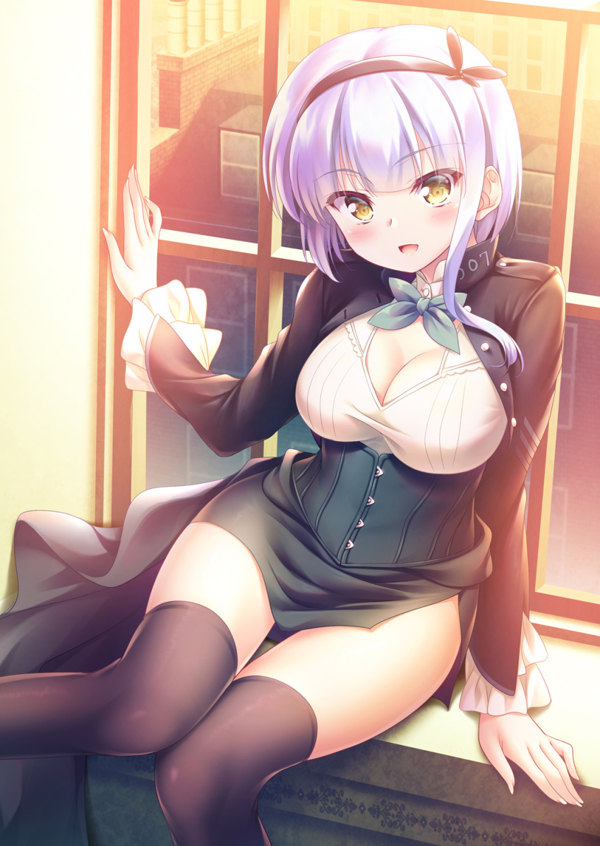 1girl :d black_jacket black_legwear bow bowtie breasts cleavage cropped_jacket hairband highres jacket large_breasts long_sleeves looking_at_viewer miniskirt open_clothes open_jacket open_mouth original shirt short_hair sidelocks sitting skirt smile solo sunlight sunset taut_clothes taut_shirt thighhighs thighs underbust white_hair white_shirt window yellow_eyes yuurei_yashiki zettai_ryouiki