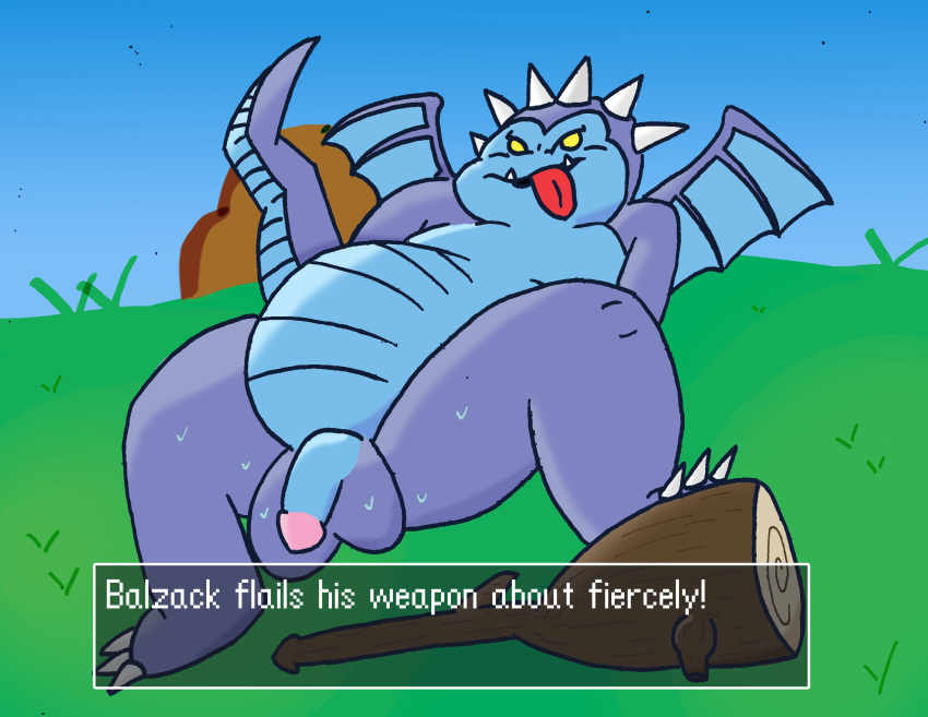 absurd_res balls balzack bodily_fluids claws dragon dragon_quest el_booki english_text flaccid hi_res humanoid_penis male nude overweight penis slightly_chubby solo spikes square_enix sweat text textbox uncut video_games weapon wings