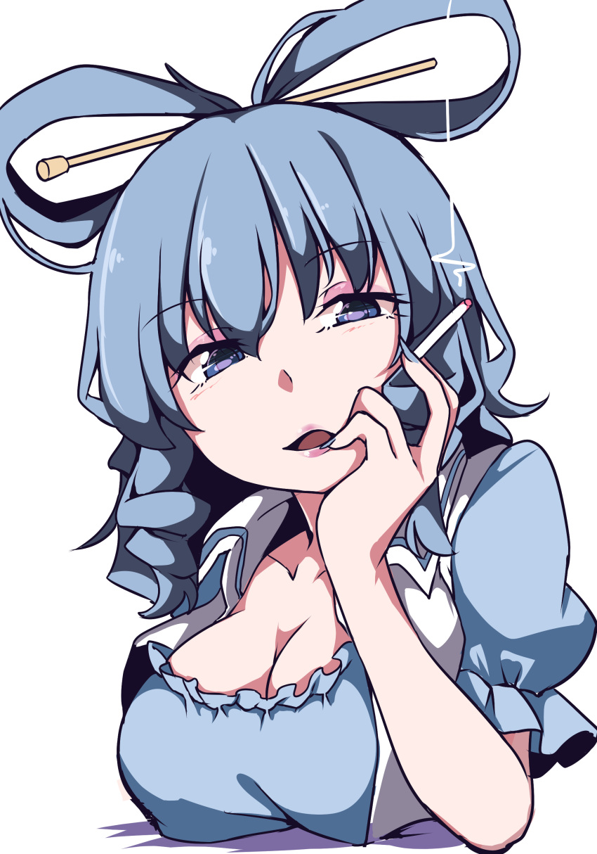 1girl absurdres bangs blue_dress blue_eyes blue_hair blue_nails breasts cigarette cleavage collarbone commentary_request dress drill_hair drill_locks eyebrows_visible_through_hair eyeshadow frills gokuu_(acoloredpencil) hair_ornament hair_rings hair_stick hand_up head_tilt highres holding holding_cigarette kaku_seiga large_breasts lipstick looking_at_viewer makeup nail_polish open_mouth pink_lipstick puffy_short_sleeves puffy_sleeves short_hair short_sleeves simple_background smile smoke solo touhou upper_body vest white_background white_vest