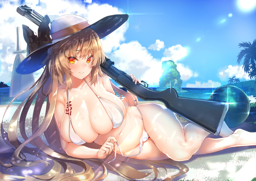 1girl alternate_costume bangs barefoot beach bikini blue_sky blush body_markings breasts brown_hair cleavage closed_mouth cloud collarbone day eyebrows_visible_through_hair foot_out_of_frame girls_frontline glint gun hat highres holding holding_gun holding_weapon ithaca_m37 ithaca_m37_(girls_frontline) large_breasts long_hair looking_at_viewer lying navel ocean on_side open_clothes orange_eyes outdoors sand shimofuri shotgun sidelocks skindentation sky smile solo stomach sun_hat swimsuit thighs untied untied_bikini very_long_hair weapon white_bikini white_headwear