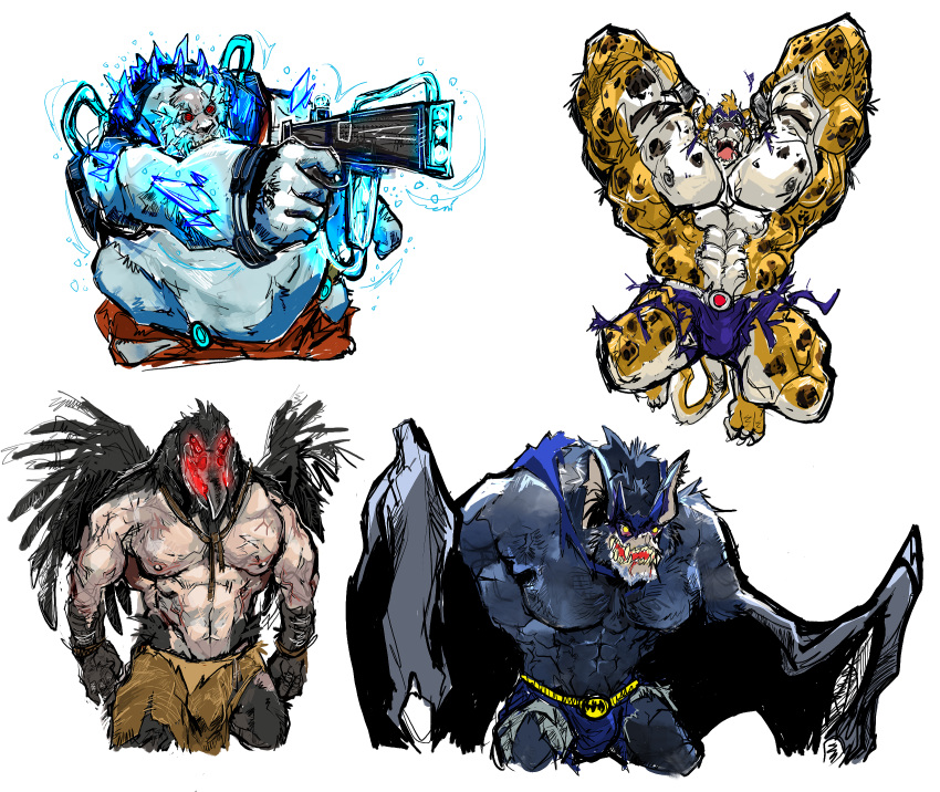 animal_humanoid aokmaidu avian bane_(dc) batman batman_(series) batman_vs._teenage_mutant_ninja_turtles bird chiropteran clothing corvid corvus_(genus) crow dc_comics felid fur hi_res humanoid ice jaguar male mammal mask mr._freeze muscular pantherine polar_bear red_eyes scarecrow_(dc) slightly_chubby spots torn_clothing ursid ursine white_fur yellow_eyes yellow_fur