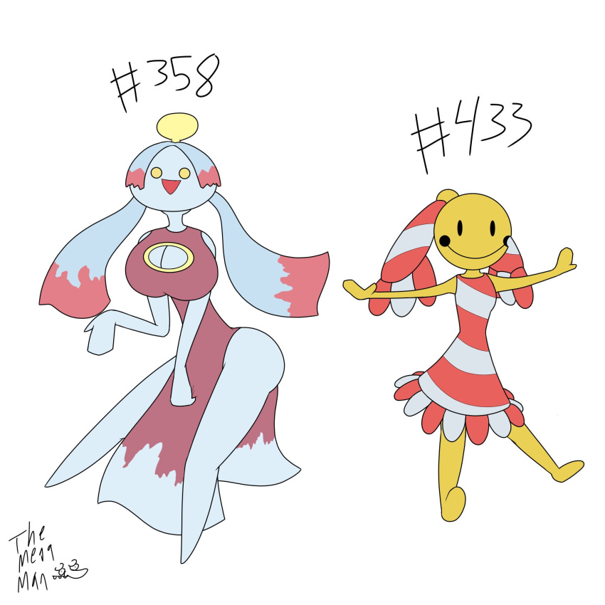 1:1 2019 anthro big_breasts breasts chimecho chingling clothed clothing digital_media_(artwork) duo female hair hi_res huge_breasts nintendo pok&eacute;mon pok&eacute;mon_(species) simple_background smile thick_thighs tmm4 video_games white_background