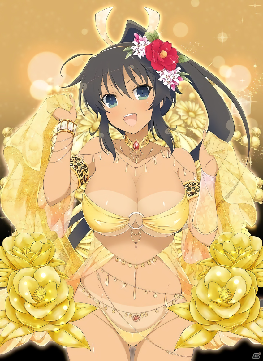 1girl :d absurdres armlet ass_visible_through_thighs bandeau bangle bangs belly_chain bikini bikini_tan black_hair blue_eyes blush bracelet breasts camellia choker collarbone cowboy_shot daisy dancer eyebrows_visible_through_hair flower gem gradient gradient_background groin hair_between_eyes hair_flower hair_ornament hands_up happy head_tilt high_ponytail highleg highleg_bikini highres holding homura_(senran_kagura) jewelry large_breasts lens_flare lily_of_the_valley long_hair looking_at_viewer navel necklace o-ring o-ring_top official_art open_mouth pendant ponytail round_teeth senran_kagura shawl shiny shiny_hair shiny_skin skindentation smile solo sparkle stomach swimsuit tan tanline teeth tied_hair v-shaped_eyebrows veil very_long_hair w_arms watermark yaegashi_nan yellow_bikini_bottom yellow_flower yellow_theme