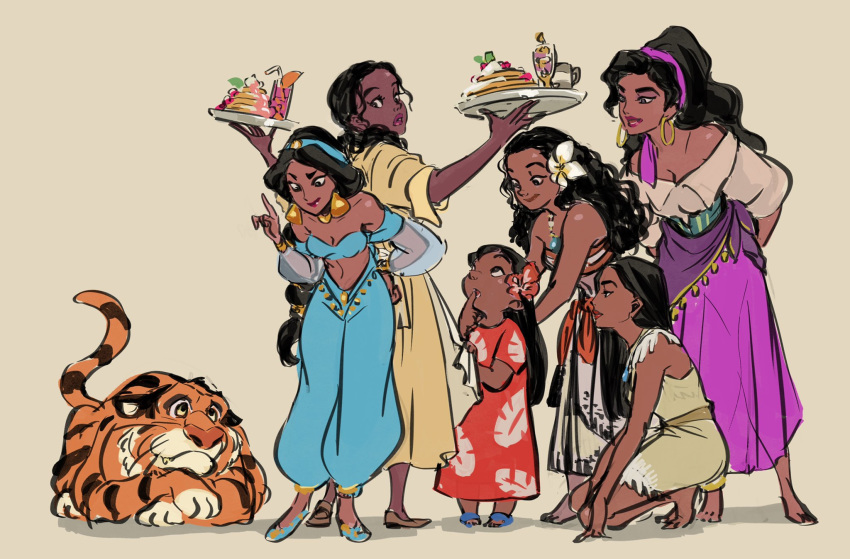6+girls age_difference aladdin_(disney) animal arm_support arms_behind_back baggy_pants bare_shoulders barefoot beige_background black_eyes black_hair blue_footwear blue_hairband brown_footwear collarbone color_connection commentary_request company_name curly_hair dark_skin diadem disney dress earrings egyptian_clothes esmeralda_(disney) finger_to_mouth flower food gori_matsu hair_flower hair_ornament hairband hand_on_hip hands_on_another's_back hibiscus highres holding holding_tray hoop_earrings index_finger_raised jasmine_(disney) jewelry kneeling leaf_print leaning_forward lilo_&amp;_stitch lilo_pelekai lipstick long_hair looking_at_another looking_back looking_down looking_up makeup midriff moana_(movie) moana_waialiki multiple_girls necklace pants parted_lips plumeria pocahontas pocahontas_(disney) ponytail profile purple_hairband rajah_(disney) red_dress red_flower red_lips red_lipstick sandals scolding shadow shiny shiny_skin simple_background skirt straight_hair strapless the_hunchback_of_notre_dame the_princess_and_the_frog tiana_(the_princess_and_the_frog) tiger trait_connection tray tubetop white_flower yellow_dress