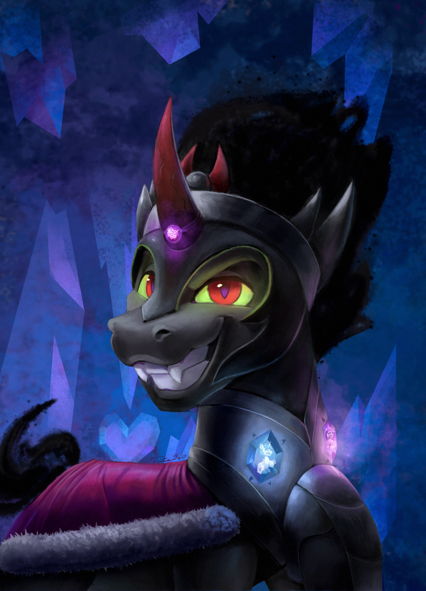 2019 absurd_res armor clothed clothing crown equid fangs friendship_is_magic glowing grin hair hi_res horn king_sombra_(mlp) looking_at_viewer male mammal my_little_pony smile solo tsitra360 unicorn