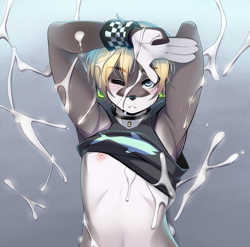 2019 5_fingers absurd_res anthro black_nose blonde_hair bodily_fluids clothed clothing cum cum_on_face digital_media_(artwork) fingers genital_fluids girly green_eyes grey_background hair hi_res looking_at_viewer lutrine male mammal mustelid nipples simple_background solo tsampikos