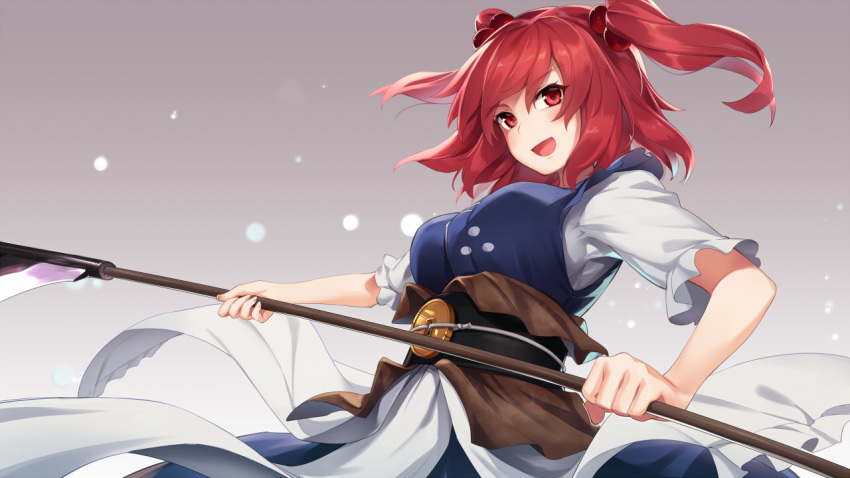 1girl :d asutora bangs black_sash blue_dress blush breasts commentary_request dress eyebrows_visible_through_hair gradient gradient_background grey_background hair_between_eyes hair_bobbles hair_ornament head_tilt holding holding_scythe holding_weapon medium_breasts onozuka_komachi open_mouth red_eyes red_hair sash scythe shirt short_hair short_sleeves smile solo touhou two_side_up upper_body weapon white_shirt