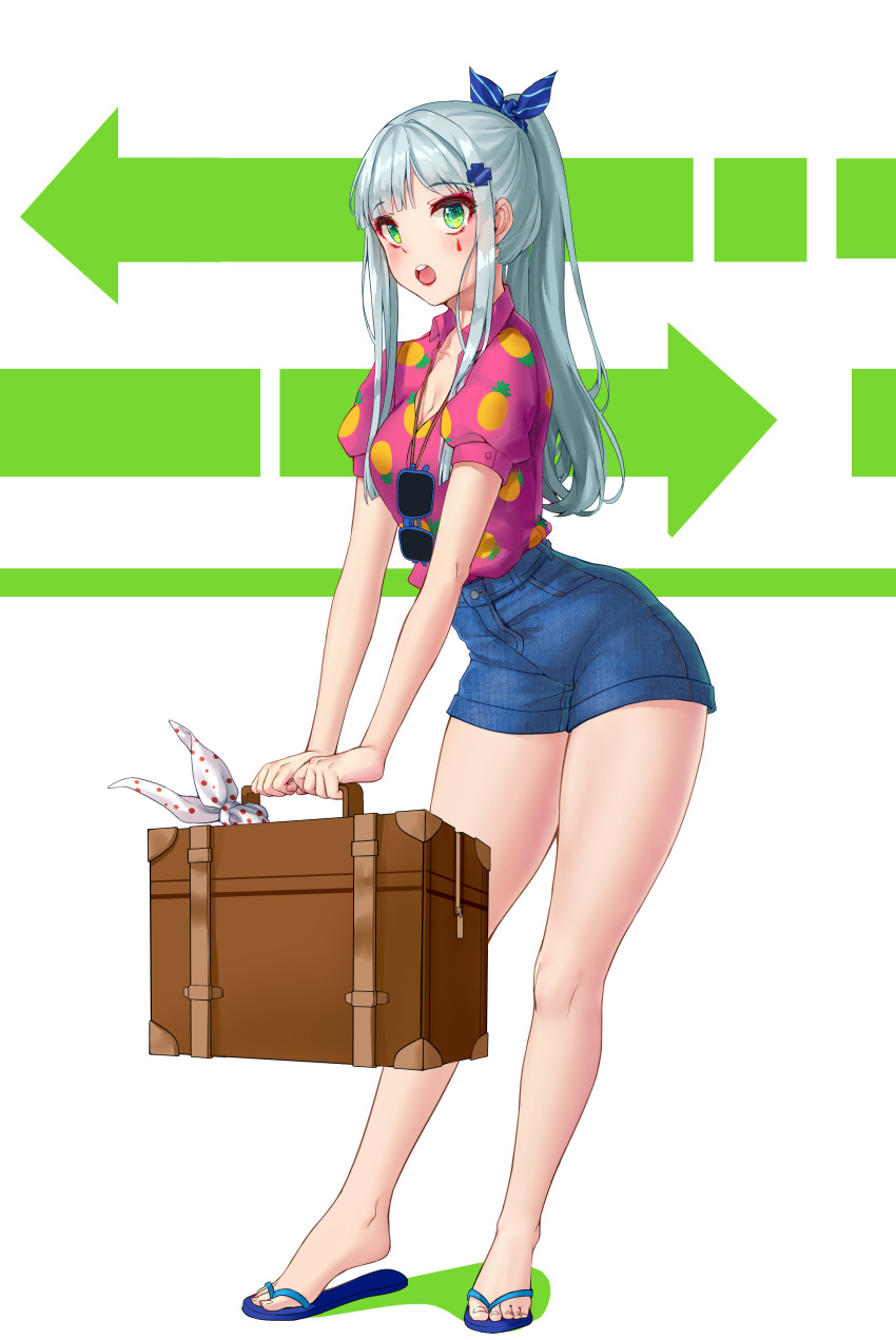 1girl absurdres alternate_costume alternate_hairstyle eyewear_around_neck food fruit girls_frontline green_eyes highres hk416_(girls_frontline) kir_(khw66136132) pineapple pineapple_print pink_shirt sandals shirt shorts silver_hair solo suitcase sunglasses