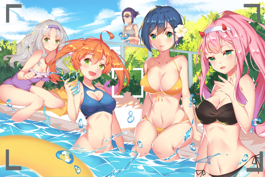 5girls :d absurdres ahoge alternate_hairstyle bandeau bangs bare_arms bare_legs bare_shoulders bikini black_bikini blue_bikini blue_hair blue_sky blush breasts bush cleavage cleavage_cutout cloud crop_top cup cy_(artist) darling_in_the_franxx day drinking_glass eyebrows_visible_through_hair flower forehead frills front-tie_bikini front-tie_top glasses green_eyes grey_tank_top groin hair_between_eyes hairband halterneck hand_up heart_cutout hibiscus highres holding holding_cup horns ichigo_(darling_in_the_franxx) ikuno_(darling_in_the_franxx) innertube kokoro_(darling_in_the_franxx) large_breasts long_hair looking_at_viewer medium_breasts miku_(darling_in_the_franxx) multiple_girls navel one-piece_swimsuit open_mouth orange_hair outdoors pink_hair ponytail pool purple_hair purple_hairband purple_swimsuit railing shadow short_hair side-tie_bikini sidelocks silver_hair sitting sky smile soaking_feet stomach strapless strapless_bikini strapless_swimsuit swimsuit tank_top thighs twintails upper_body v-shaped_eyebrows wariza water water_drop white_flower white_hairband yellow_bikini zero_two_(darling_in_the_franxx)