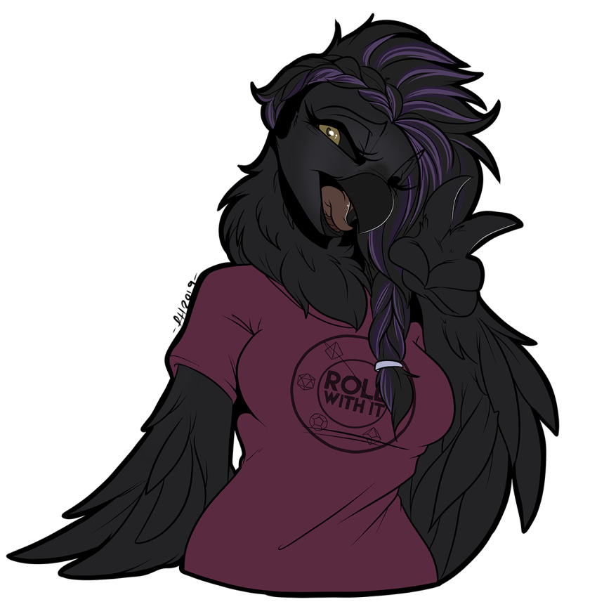 2019 alpha_channel avian beak bird black_beak black_feathers black_hair braided_hair breasts clothed clothing digital_media_(artwork) feathered_wings feathers female furkinghell hair hi_res open_mouth purple_hair simple_background solo tongue transparent_background wings yellow_eyes