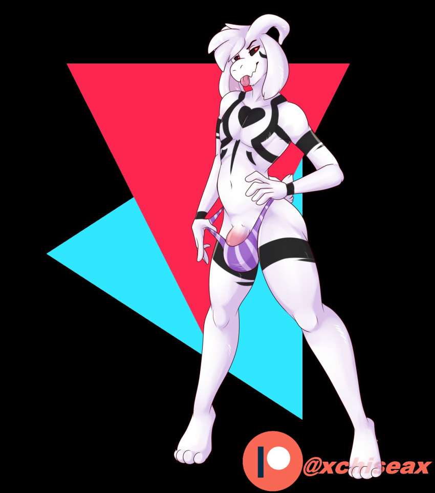 &lt;3 2019 abstract_background anthro asriel_dreemurr_(god_form) barely_visible_genitalia barely_visible_penis black_fur boss_monster bovid bulge caprine clothing fur hi_res horn male mammal mostly_nude navel penis solo standing tongue tongue_out undertale underwear video_games white_fur xchiseaxmargaritax