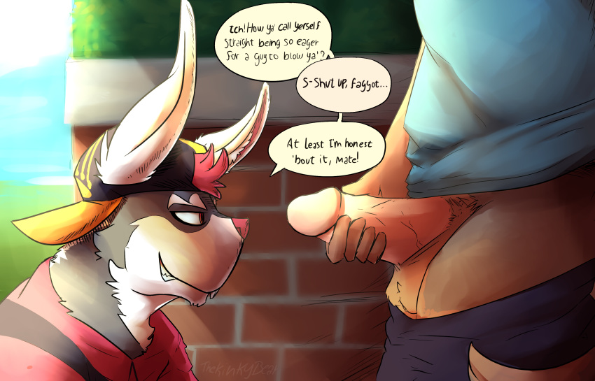 ! ... 2019 ? anthro balls canid canine canis circumcised clothed clothing comic day detailed_background dialogue domestic_dog duo erection fully_clothed german_shepherd hat headgear headwear herding_dog hi_res holding_penis humanoid_penis johnny_hare lagomorph leporid looking_at_penis male male/male mammal masturbation orientation_play outside pants_down partially_clothed pastoral_dog penis presenting presenting_penis rabbit smile smirk text thekinkybear