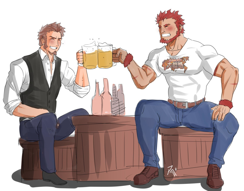 2boys abeberries beard blush bottle brown_hair chest closed_eyes cup drinking_glass facial_hair fate/grand_order fate_(series) hand_on_own_thigh highres long_sleeves male_focus multiple_boys muscle napoleon_bonaparte_(fate/grand_order) pectorals red_hair rider_(fate/zero) scar simple_background smile teeth uniform