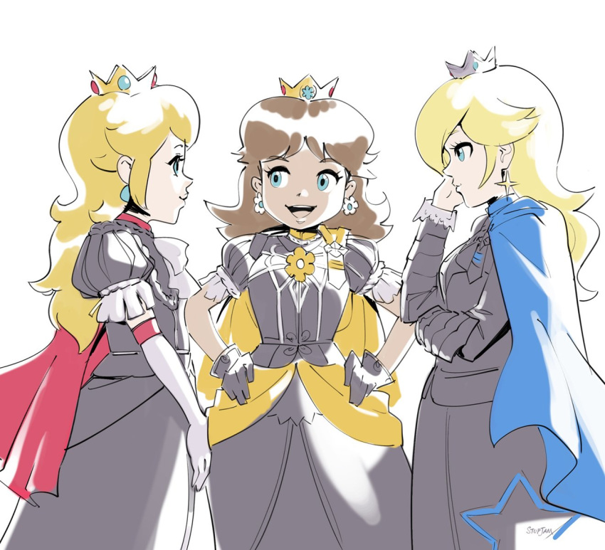 3girls black_dress black_gloves blonde_hair blue_eyes brown_hair cape crown dress earrings elbow_gloves fire_emblem fire_emblem:_three_houses gloves hands_on_hips highres jewelry long_hair looking_at_another mario_(series) mini_crown multiple_girls parody princess_daisy princess_peach puff_and_slash_sleeves puffy_short_sleeves puffy_sleeves rosalina short_sleeves simple_background stup-jam white_background white_gloves