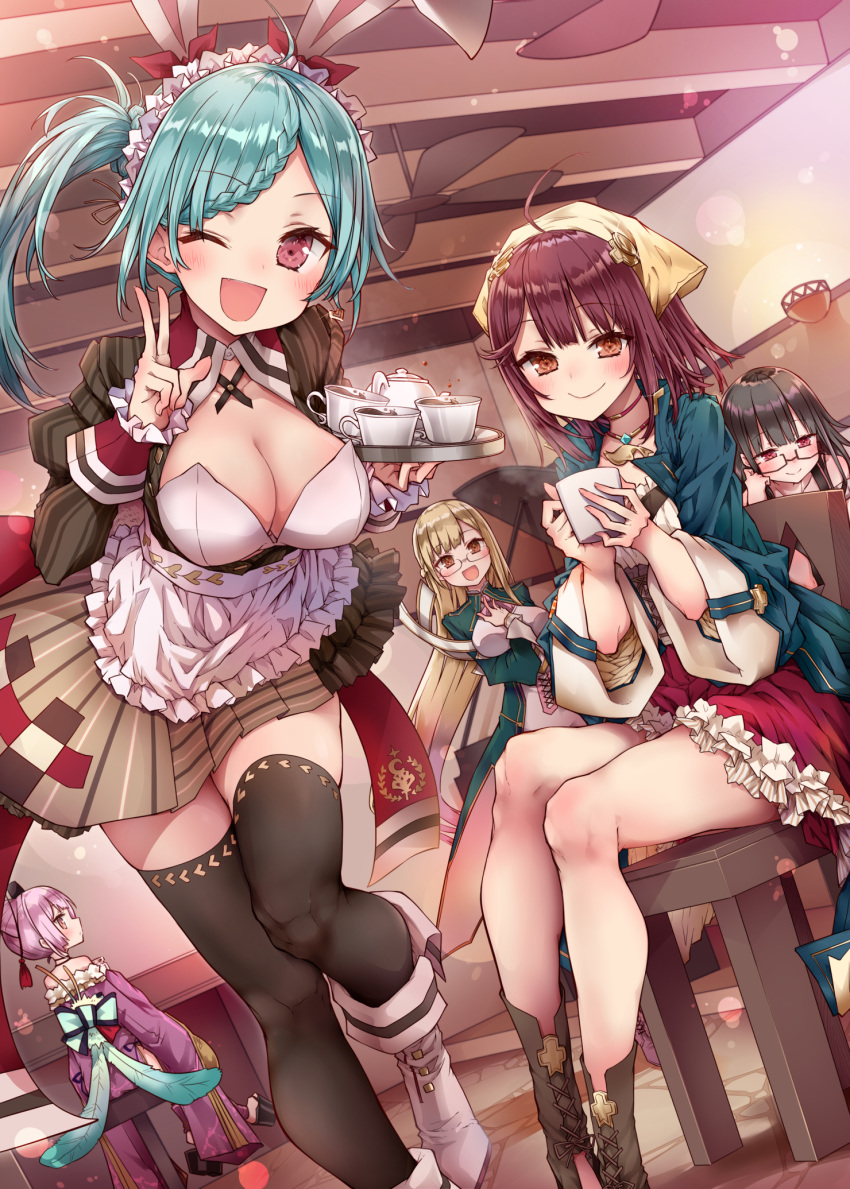 5girls ;d ahoge alt animal_ears apron atelier_(series) atelier_sophie black-framed_eyewear black_hair black_legwear blue_hair blush boots braid breasts brown_eyes brown_footwear brown_hair bunny_ears ceiling_fan chair closed_mouth collarbone commentary_request cornelia_(atelier) cup dutch_angle elise_phulie eyebrows_visible_through_hair fingernails frilled_apron frills glasses head_scarf head_tilt highres indoors instrument japanese_clothes kimono large_breasts leaning_forward long_hair looking_at_viewer maid_headdress monika_ellmenreich multiple_girls one_eye_closed open_mouth piano pink_hair profile rimless_eyewear short_hair side_ponytail sitting skirt smile sophie_neuenmuller standing stool striped striped_skirt teacup teapot tess_heitzmann thighhighs tray v very_long_hair waist_apron waitress white_apron