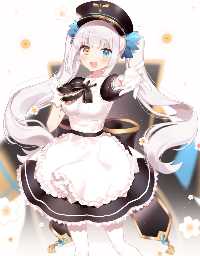 1girl blurry blurry_background blush breasts gloves hair_ornament hat heterochromia highres kagura_mea kagura_mea_channel large_breasts long_hair manio military_hat open_mouth pantyhose reaching_out silver_hair simple_background solo twintails virtual_youtuber white_gloves white_legwear