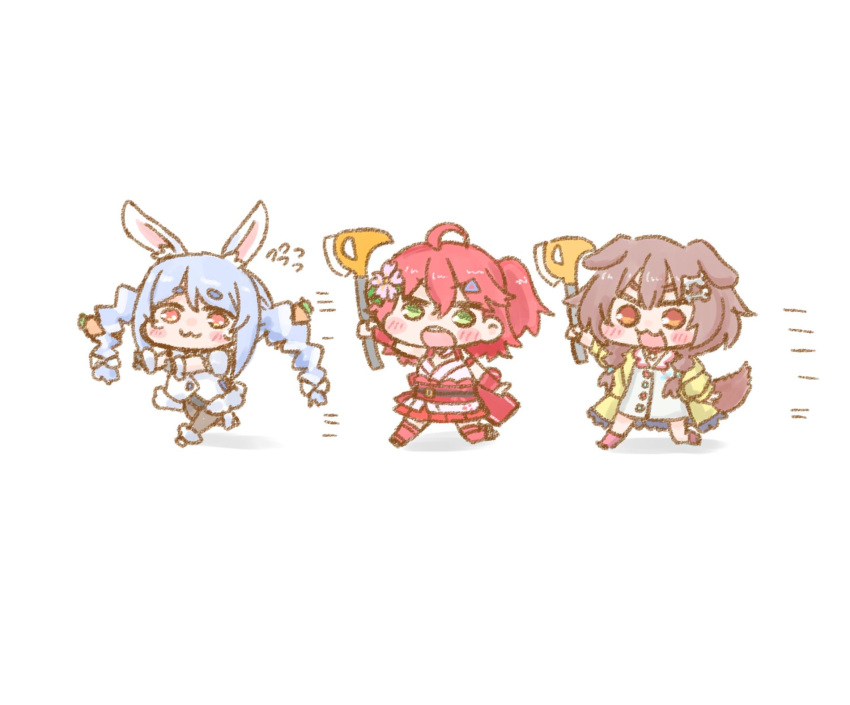 3girls :3 ahoge animal_ear_fluff animal_ears armband blue_hair blush brown_eyes brown_hair bunny_ears bunny_girl buttons carrot carrot_hair_ornament chibi detached_sleeves dog_ears dog_girl eyebrows_visible_through_hair fleeing food_themed_hair_ornament green_eyes hair_ornament highres hololive inugami_korone long_hair medium_hair multiple_girls nekoyama nontraditional_miko pink_hair running sakura_miko skirt the_forest twintails usada_pekora virtual_youtuber weapon white_background