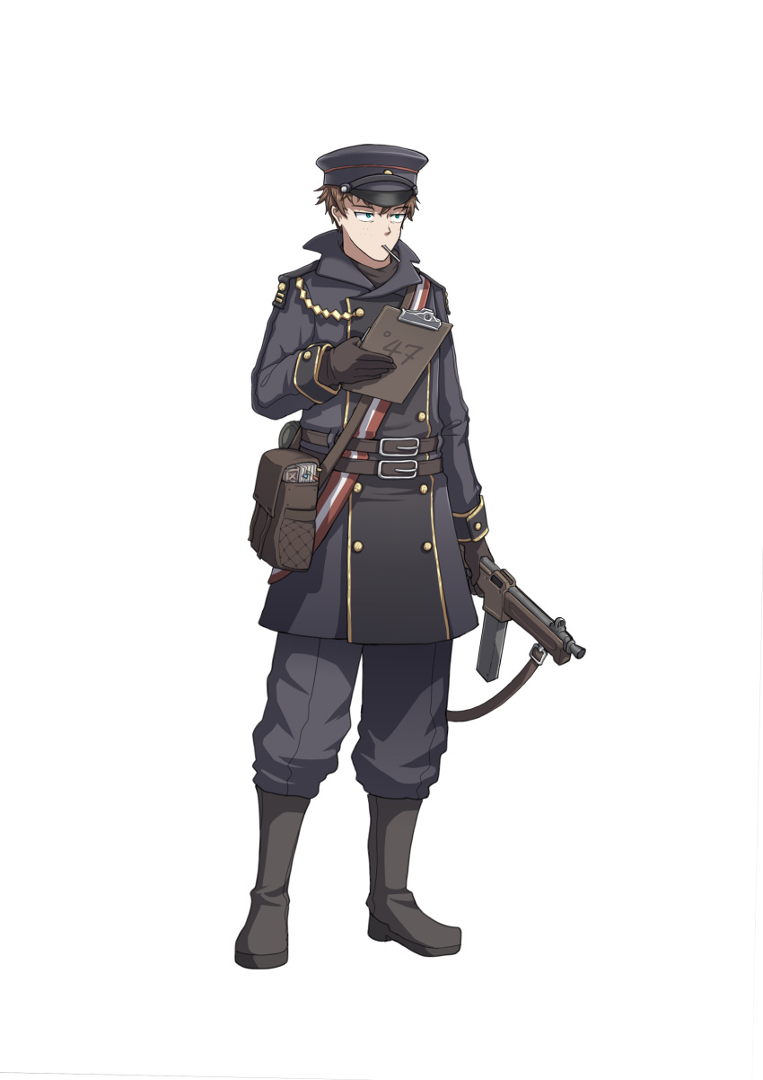 1boy absurdres bag bangs belt belt_buckle black_footwear boots brown_gloves brown_hair buckle collar facing_viewer full_body gloves green_eyes grey_pants gun hat highres holding holding_gun holding_weapon long_sleeves looking_to_the_side male_focus map_case military military_hat military_uniform original pants sherman_(egnk2525) solo standing submachine_gun uniform weapon