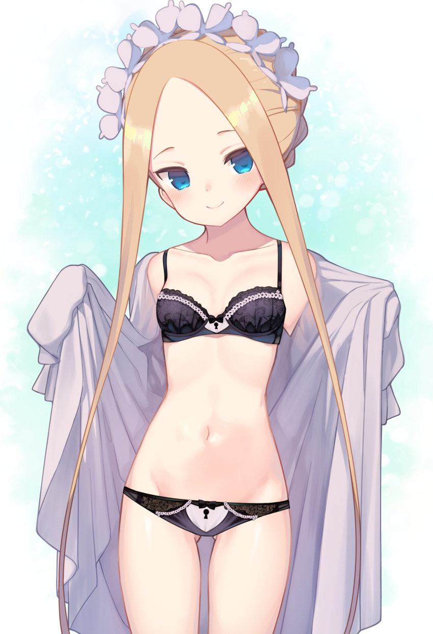 1girl abigail_williams_(fate/grand_order) alternate_costume ass_visible_through_thighs bangs bell_(oppore_coppore) black_bra black_panties blonde_hair blue_eyes blush bra breasts closed_mouth collarbone commentary_request eyebrows_visible_through_hair fate_(series) forehead groin hair_between_eyes highres holding lace lace-trimmed_bra lace-trimmed_panties long_hair looking_at_viewer maid_headdress navel open_clothes panties simple_background small_breasts smile solo standing underwear very_long_hair