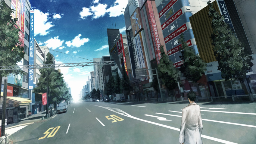 1boy ad akihabara_(tokyo) black_hair building car city from_behind game_cg ground_vehicle highres huke labcoat long_sleeves looking_away motor_vehicle non-web_source official_art okabe_rintarou road solo standing steins;gate street tree