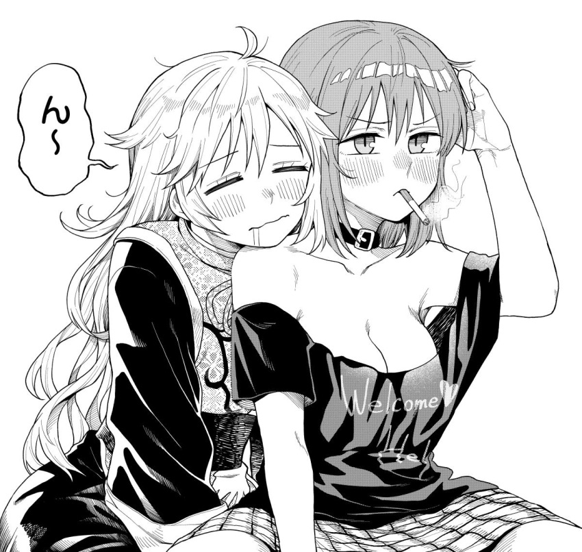 2girls =_= ahoge anarogumaaa arm_up bangs bare_shoulders blush breasts bubble choker cigarette cleavage closed_eyes clothes_writing collarbone dress drooling eyebrows_visible_through_hair greyscale hair_between_eyes heart hecatia_lapislazuli junko_(touhou) long_hair long_sleeves medium_breasts miniskirt monochrome mouth_hold multiple_girls no_headwear off-shoulder_shirt off_shoulder sash shirt short_hair short_sleeves simple_background sitting skirt smoking speech_bubble t-shirt tabard touhou translation_request upper_body very_long_hair white_background wide_sleeves yuri