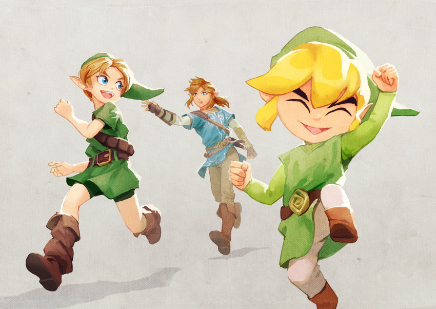 3boys blonde_hair blue_eyes dual_persona gloves hat highres link long_hair looking_at_viewer male_focus multiple_boys niko_geyer open_mouth pointy_ears short_hair simple_background smile super_smash_bros. the_legend_of_zelda the_legend_of_zelda:_breath_of_the_wild the_legend_of_zelda:_majora's_mask the_legend_of_zelda:_ocarina_of_time the_legend_of_zelda:_the_wind_waker toon_link tunic young_link