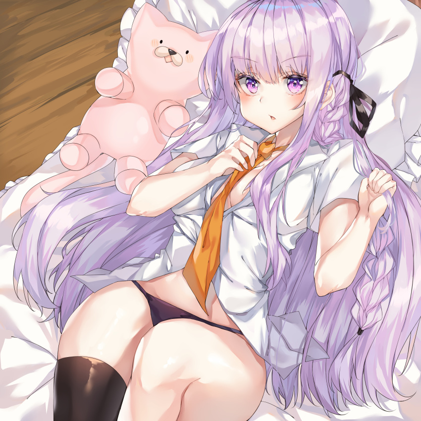 breast_hold dangan-ronpa kanniepan kirigiri_kyouko open_shirt pantsu thighhighs