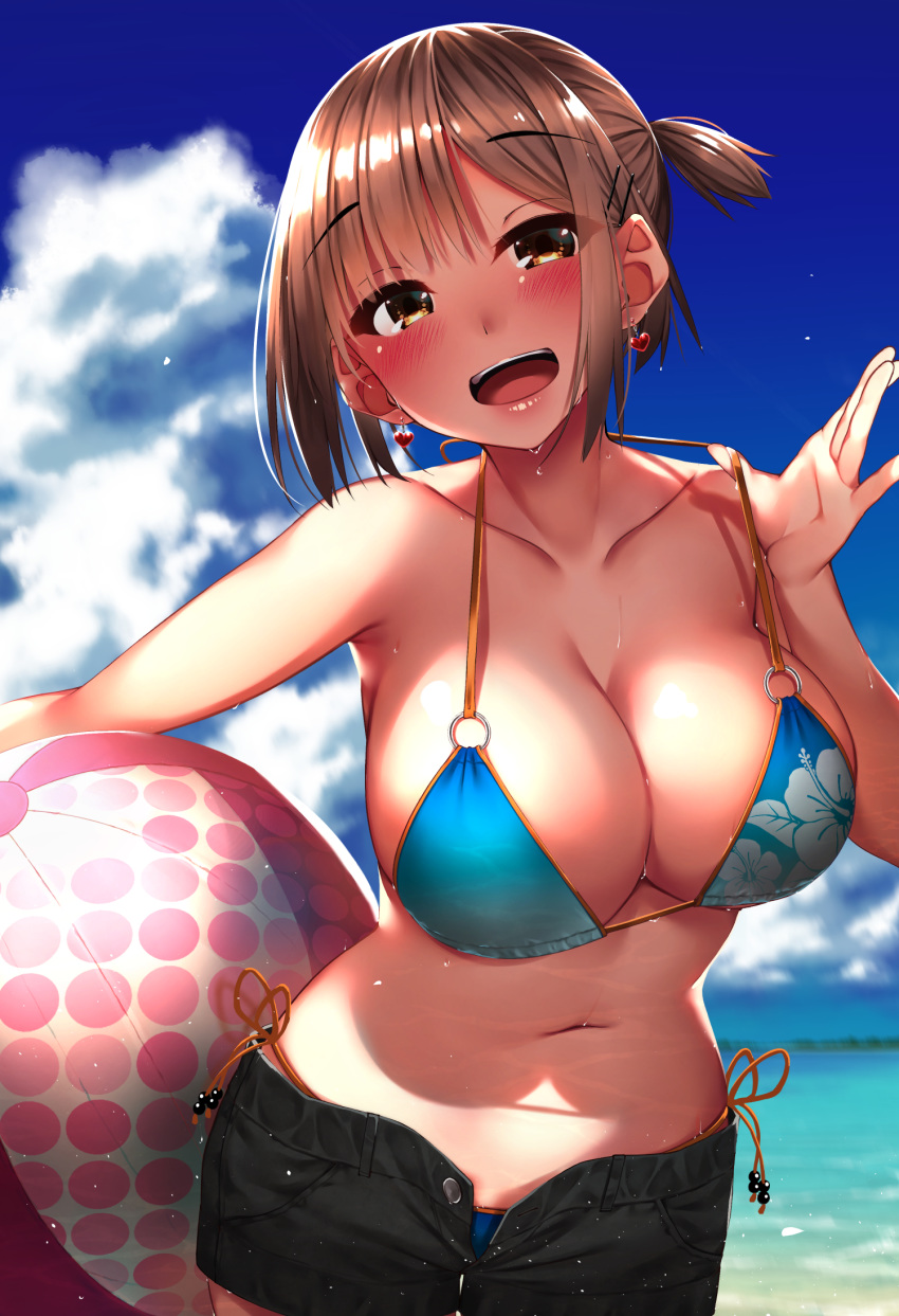 1girl :d armpits ball bare_shoulders beachball bikini black_shorts blue_bikini blue_sky breasts brown_eyes brown_hair cleavage cloud collarbone commentary_request day earrings floral_print hair_ornament hairclip halter_top halterneck hand_up highres jewelry large_breasts looking_at_viewer navel ocean open_fly open_mouth original outdoors rerrere short_hair short_shorts shorts side-tie_bikini sidelocks sky smile solo stomach strap_pull sunlight swimsuit upper_body wet