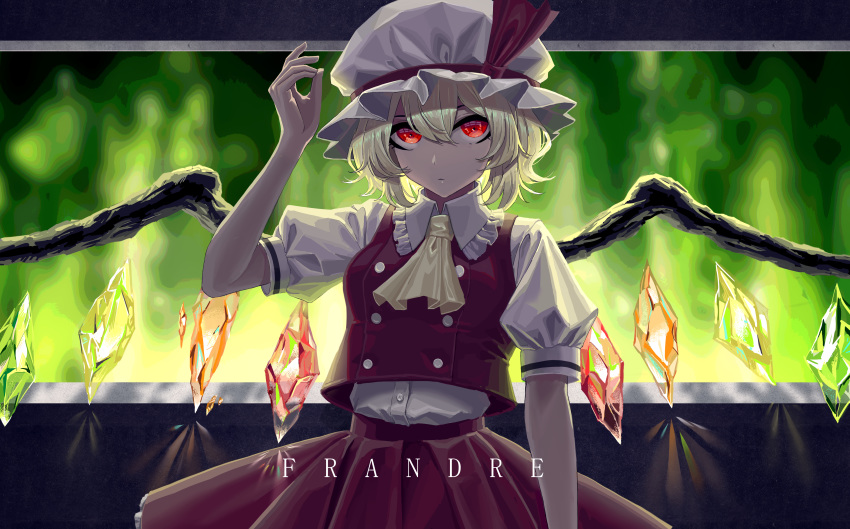 1girl absurdres character_name closed_mouth dress_shirt eit_(ikeuchi) flandre_scarlet hair_between_eyes hat highres pleated_skirt red_eyes red_skirt shiny shiny_hair shirt short_hair short_sleeves silver_hair skirt solo standing touhou white_headwear white_shirt wings