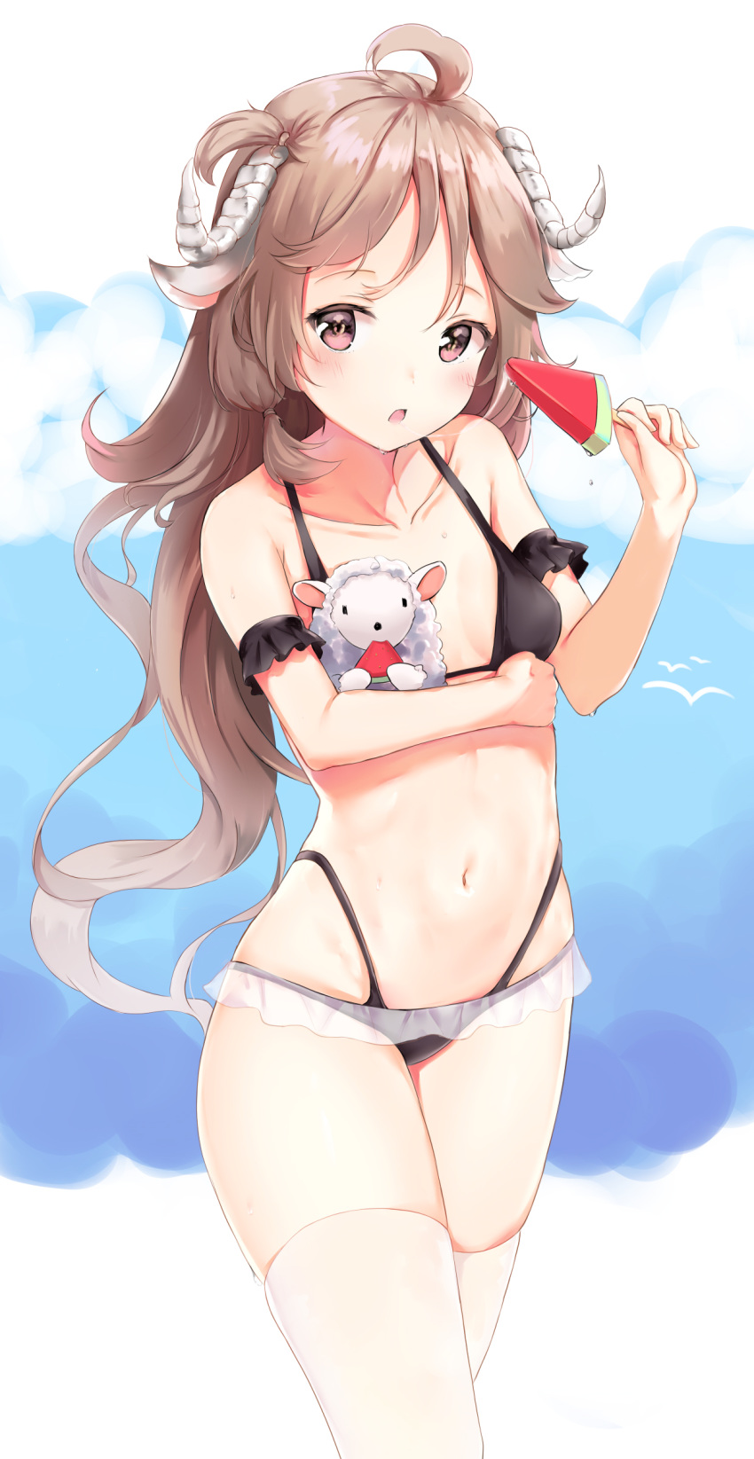 1girl absurdres ahoge animal animal_ears arknights bare_shoulders bikini black_bikini breasts brown_hair carrying collarbone commentary_request curled_horns eyjafjalla_(arknights) filings_(ailuo_c) food fruit gradient_hair highleg highleg_bikini highres holding long_hair looking_at_viewer multicolored_hair navel parted_lips red_eyes revision sheep skindentation small_breasts solo standing swimsuit thighhighs thighs very_long_hair watermelon wavy_hair wet white_legwear