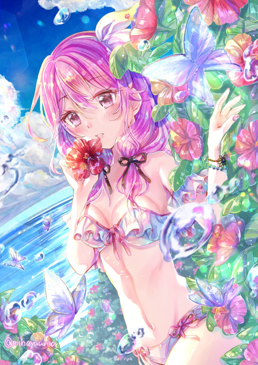 1girl bikini black_bow blush bow bracelet bug butterfly cheria_barnes cloud cowboy_shot dutch_angle flower hair_bow hair_over_shoulder hibiscus highres holding holding_flower insect jewelry mihayuuno pink_bow pink_hair pink_nails purple_eyes short_hair sky solo summer swimsuit tales_of_(series) tales_of_graces twintails twitter_username water