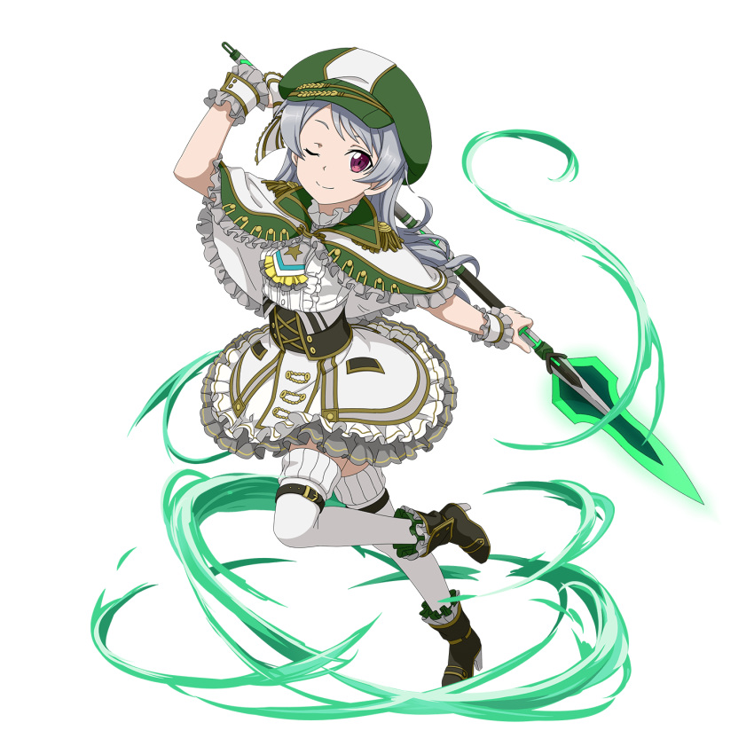 1girl ;) arm_up boots bustier capelet dress_shirt frilled_capelet frills full_body green_headwear high_heel_boots high_heels highres holding holding_spear holding_weapon layered_skirt leg_up long_hair looking_at_viewer miniskirt official_art one_eye_closed polearm purple_eyes seven_(sao) shirt silver_hair skirt smile solo spear standing standing_on_one_leg sword_art_online thighhighs transparent_background weapon white_legwear white_shirt wrist_cuffs zettai_ryouiki