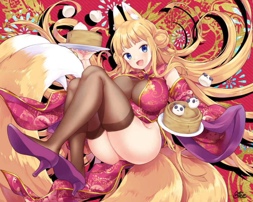 1girl :d animal_ear_fluff animal_ears bangs baozi blonde_hair blue_eyes blush braid breasts brown_legwear china_dress chinese_clothes detached_sleeves double_bun dress food fox_ears fox_tail high_heels large_breasts long_hair looking_at_viewer miyano_ururu multiple_tails no_panties open_mouth original purple_footwear red_dress short_dress smile solo tail thighhighs twin_braids very_long_hair